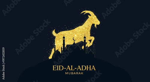 Eid al-Adha Mubarak illustration with a golden goat and mosque silhouette symbolizing sacrifice and celebration
