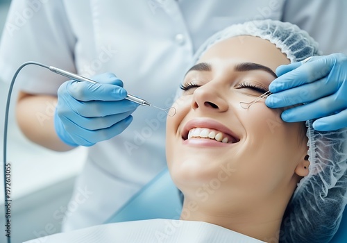 Cosmetic procedure on a smiling womans face by a dermatologist.