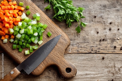Top-down view of chopped carrots and green onions on a rustic wooden cutting board with a chef’s knife and fresh parsley.