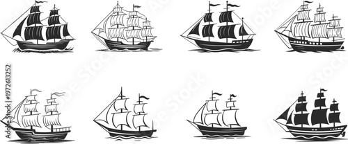 Vintage sailing ship silhouettes collection, historic tall ships illustration set, nautical maritime vessels artwork, classic frigates and galleons design
