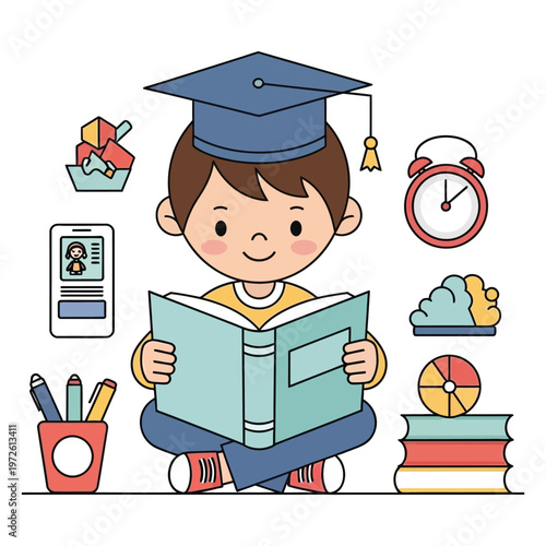 Cartoon boy in graduation cap reading book with school supplies and clock vector illustration.