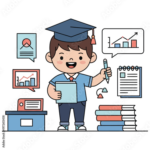 Happy schoolboy in academic cap holding notebook and pen with business data charts.