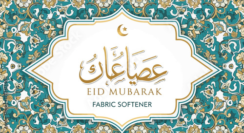 Eid Mubarak fabric softener label design with teal floral background isolated on white background