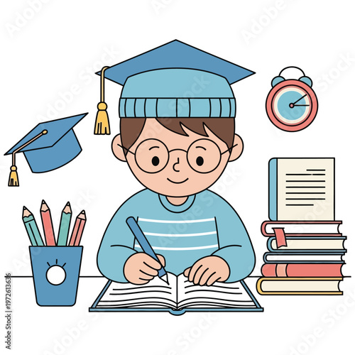 Cute cartoon boy studying with books, pencils, and graduation cap around him.