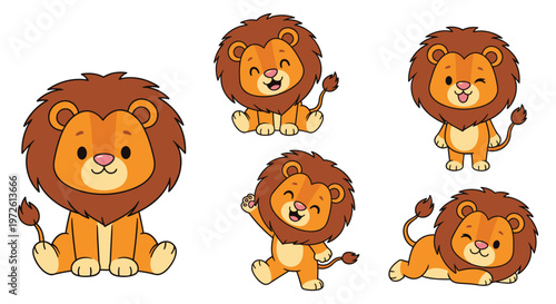 Canvas Print Cute Lion Icon Set Featuring Playful Lions in Different Poses for Animal, Wildli