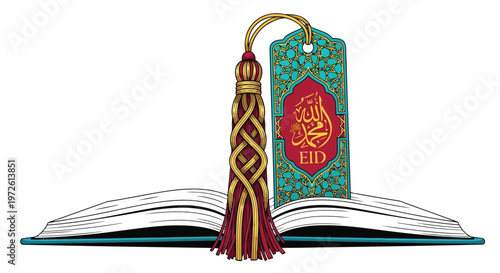 Open holy book with a decorative bookmark and tassel for Eid holiday isolated on white background