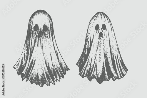 Vintage Engraving Style Halloween Scary Flying Ghost Vector Illustration. Ghost set isolated Abstract Rustic Spirit Sketch