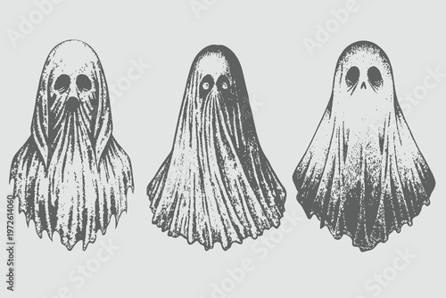 Vintage Engraving Style Halloween Scary Flying Ghost Vector Illustration. Ghost set isolated Abstract Rustic Spirit Sketch