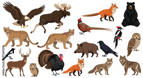 Photography Wildlife Animal Icon Set Featuring Birds, Mammals, and Forest Creatures for Natu