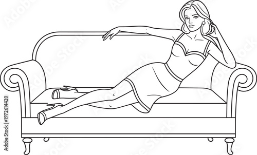 Woman reclining on sofa wearing high heels, relaxing in lingerie