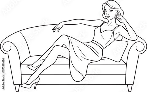 Woman reclining on sofa wearing high heels, relaxing, elegant, line art