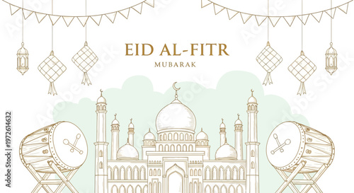 Beautiful hand-drawn illustration of a grand mosque with traditional drums and festive lanterns, symbolizing Islamic celebration and cultural harmony