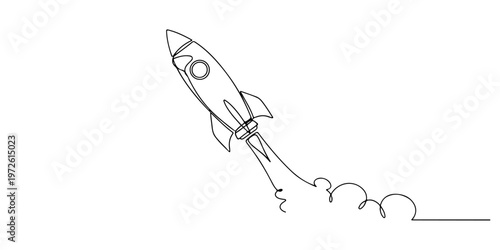 Continuous one line of a rocket launching, symbolizing ambition and innovation, style hand drawing vector illustration.