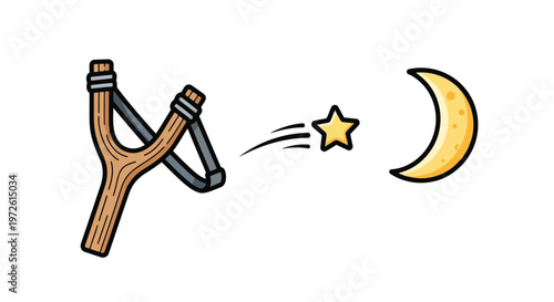 Slingshot launching a glowing golden star toward the crescent moon isolated on white background