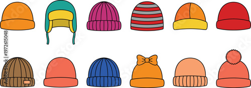 Colorful Hat Set with Various Designs including Beanies, Pom-Poms, and Earflaps for Winter, Fashion, and Accessory Illustration