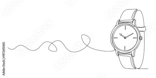 Continuous one line of a minimalist watch, symbolizing time and efficiency, style hand drawing vector illustration.