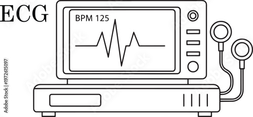 A digital medical heart beat monitor screen featuring a vector illustration of a stethoscope and an abstract background graph for hospital technology equipment and health data display.