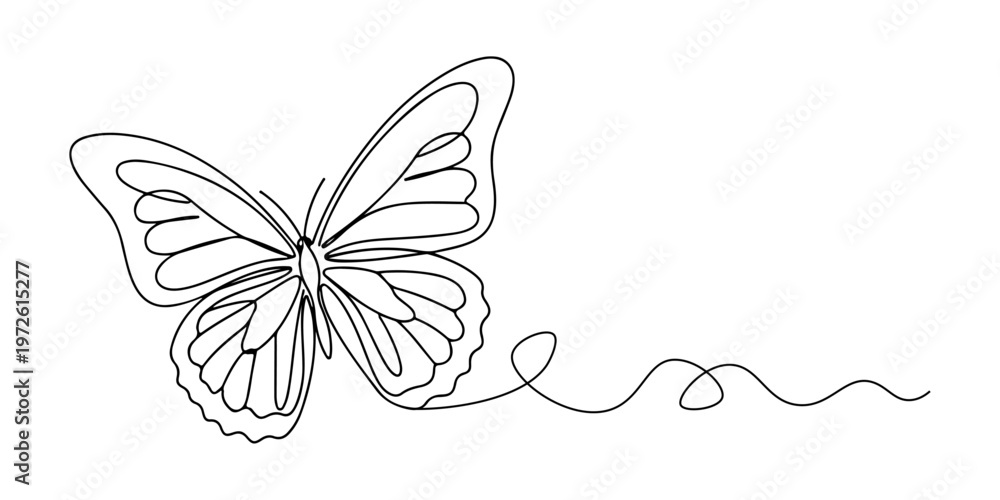 Fototapeta premium Continuous one line of a flying butterfly, symbol of transformation and freedom, style hand drawn vector illustration.