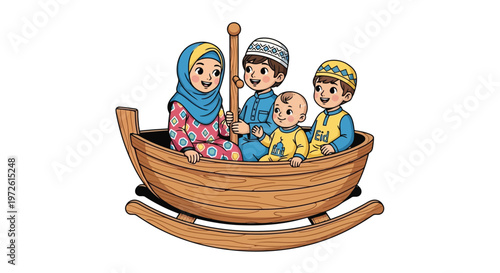 Family riding a wooden boat rocker shaped like a crescent moon isolated on white background