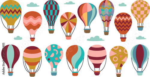 Colorful Hot Air Balloon Set with Vibrant Patterns and Clouds for Travel, Adventure, and Fun Illustration Designs