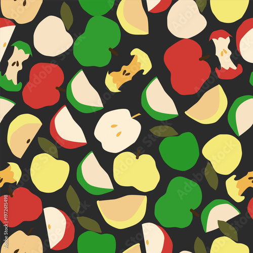Dark background seamless pattern with bright fruits. High contrast vector design ideal for bold packaging, textile, and modern prints.