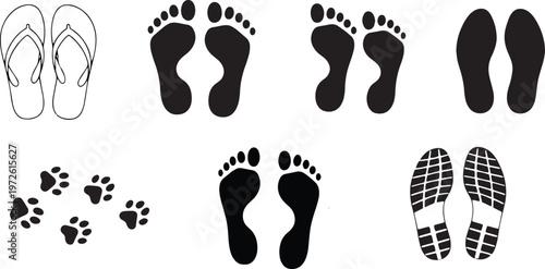 Black vector illustration of a barefoot silhouette footprint set on a white background as a symbolic track or walking step icon showing the sole and toe imprint.