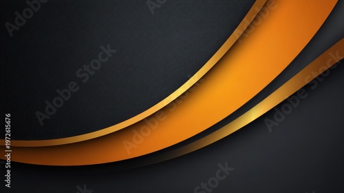Layered abstract design features flowing curves of rich orange and metallic gold against a dark gray textured background.