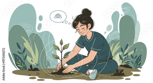 Woman planting tree illustration environmental conservation concept vector