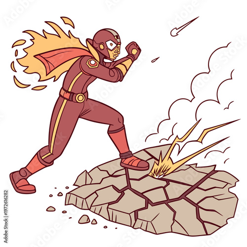 Superhero in action standing on cracked ground