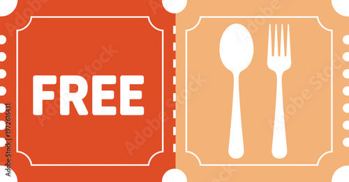 Coupon, free meal ticket with spoon fork icon, restaurant promotion offer, food discount voucher, clean vector illustration design.