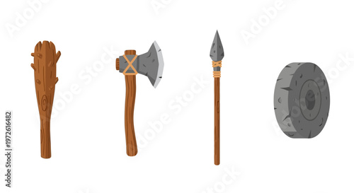 Ancient battle weapons and shield set.