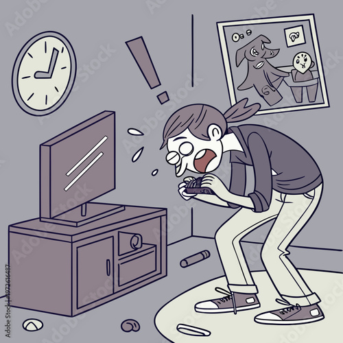 Person intensely playing games at home with video games with living room