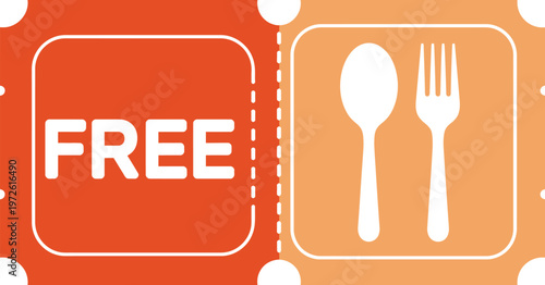 Coupon, free meal ticket with spoon fork icon, restaurant promotion offer, food discount voucher, clean vector illustration design.