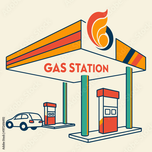 Modern stylized gas station with car and visible logo
