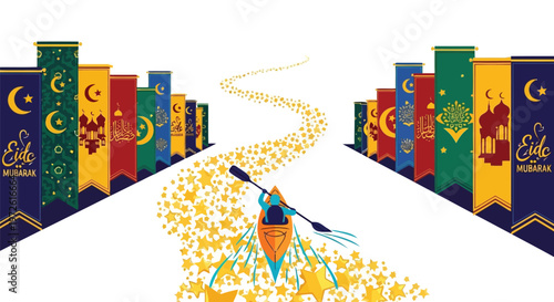 Kayaker paddling through a river of golden stars towards banner flags isolated on white background