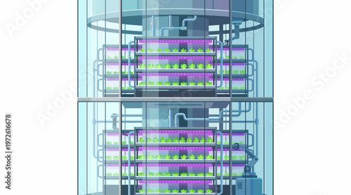 Vertical farming system with stacked hydroponic levels illuminated by purple grow lights inside a modern glass structure.