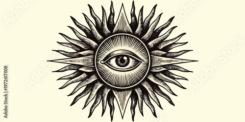 An ornate vintage style illustration of an eye within sunburst rays