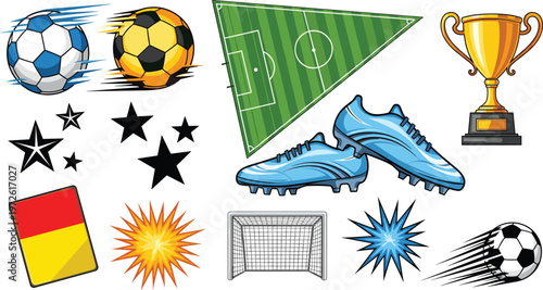 Soccer Game Icons Collection Featuring Balls, Cleats, Trophy, Field, Referee Cards, and Action Elements for Sports Design
