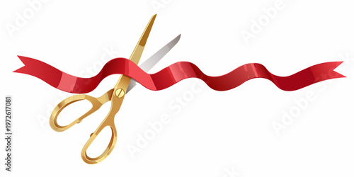 Golden scissors cutting a vibrant red ribbon in a celebratory gesture