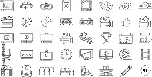 Line Media Icon Set Featuring Video Player, Camera, Film Reel, Director Chair, Trophy, Calendar, Clock, Theater Masks, and Production Elements