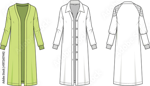 Women long cardigan coat technical flat sketch front back and side view button detail fashion illustration template outerwear design