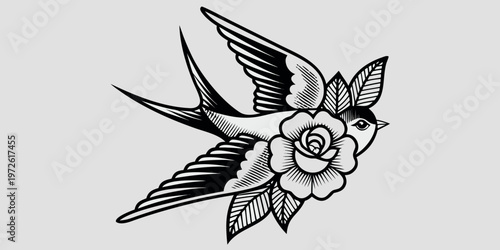 Traditional swallow tattoo design featuring a rose rendered in black ink