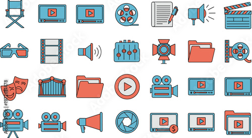 Media Production Icon Set Featuring Camera, Director Chair, Video Player, Clapperboard, Megaphone, Film Reel, Masks, and Editing Equipment