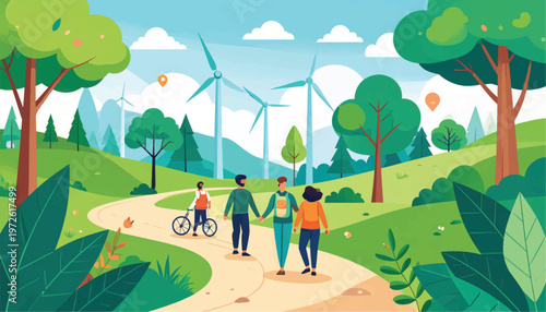 Sustainable Nature Landscape with Wind Turbines and People Walking. Green Energy Future and Outdoor Recreation Vector Illustration.