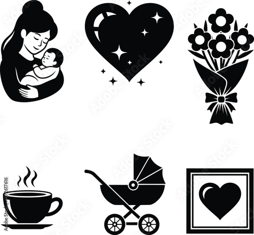 Title mother s day vector collection loving mom hearts baby and gift illustrations description a black and white vector set featuring a mother