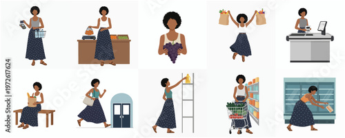 Flat Illustration Set African American Woman Shopping Grocery Store Activities and Scenarios