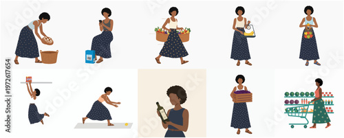 Flat Illustration Set of Black Woman Doing Daily Activities Groceries