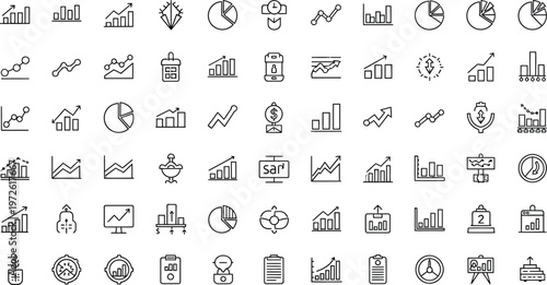 Numerous line art icons depict statistical charts and graphs, illustrating data analysis and financial performance trends.