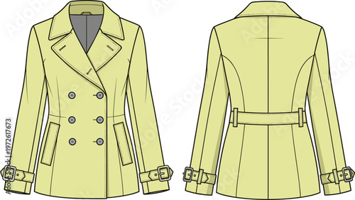Women double breasted coat technical flat sketch front and back view belted waist fashion illustration template outerwear design