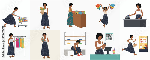 Modern Flat Woman Shopping Spree and Boutique Store Illustration Set